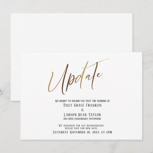 Elegant Gold Handwrite Postponed Wedding Update Kaart (Voorkant / Achterkant)
