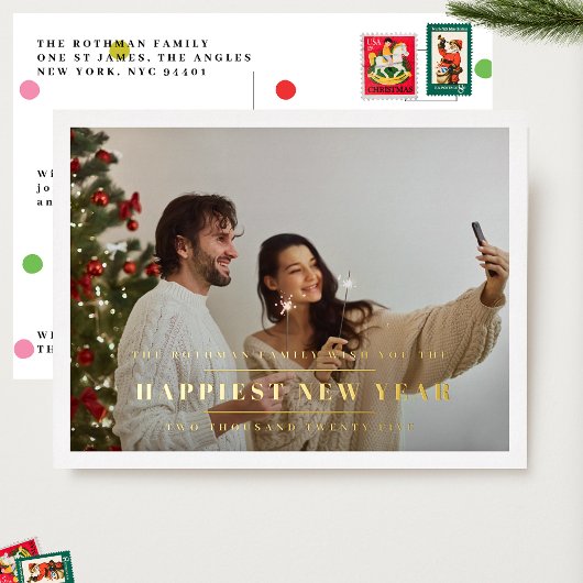 Elegant Gold HAPPIEST NEW YEARS 2026 Foto Lijst Folie Feestdagen Briefkaart