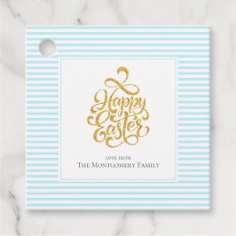 Elegant Gold Happy Easter Blue Striped Gift Labels