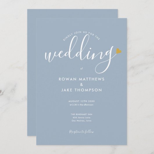 Elegant Gold Heart Dusty Blue Script Weddenschap Kaart (Voorkant / Achterkant)