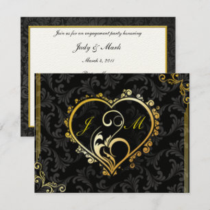 Elegant Gold Heart Monogram Engagement Party Invit Kaart