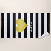 Elegant Gold Heart Name Black And White Stripes Strandlaken (Voorkant)