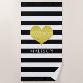 Elegant Gold Heart Name Black And White Stripes Strandlaken (Voorkant)