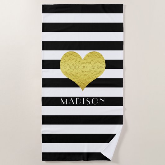 Elegant Gold Heart Name Black And White Stripes Strandlaken (Voorkant)
