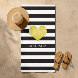 Elegant Gold Heart Name Black And White Stripes Strandlaken