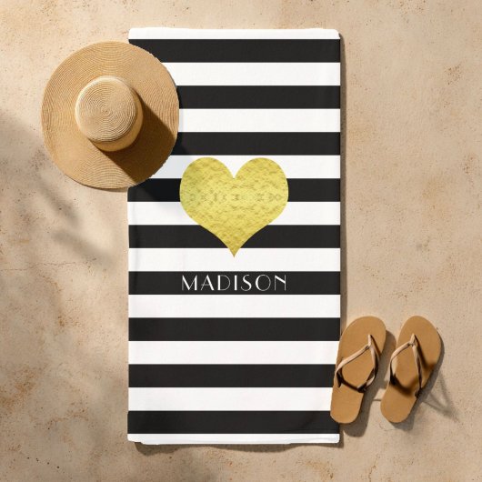 Elegant Gold Heart Name Black And White Stripes Strandlaken