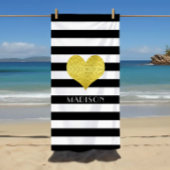Elegant Gold Heart Name Black And White Stripes Strandlaken