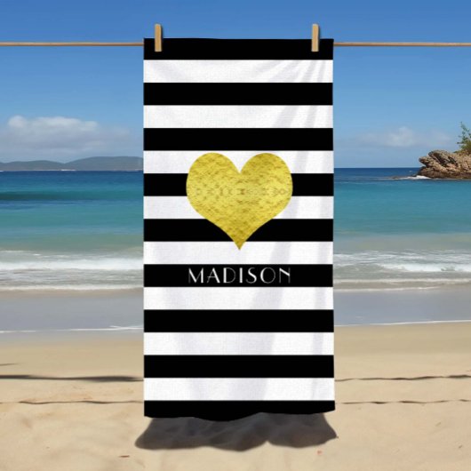 Elegant Gold Heart Name Black And White Stripes Strandlaken