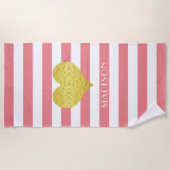 Elegant Gold Heart, roze en witte strepen Strandlaken (Voorkant)