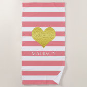 Elegant Gold Heart, roze en witte strepen Strandlaken (Voorkant)