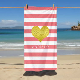 Elegant Gold Heart, roze en witte strepen Strandlaken