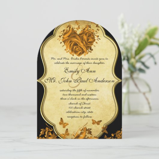Elegant Gold Heart Rozen & Butterflies Wedding Kaart (Staand voorkant)