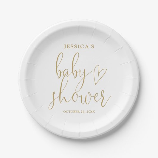 Elegant Gold Heart Script Baby shower Papieren Bordje (Voorkant)
