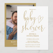 Elegant Gold Heart Script Foto Baby shower Kaart (Voorkant / Achterkant)