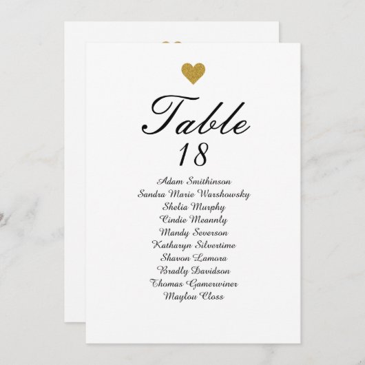 Elegant Gold Heart Table Number Zitkaarten Aankondiging (Voorkant / Achterkant)