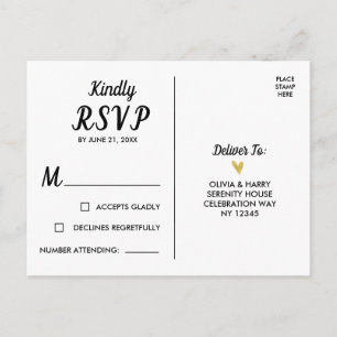 Elegant Gold Heart White Black RSVP Briefkaart