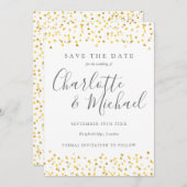 Elegant Gold Hearts Confetti Signature Script Save The Date (Voorkant / Achterkant)