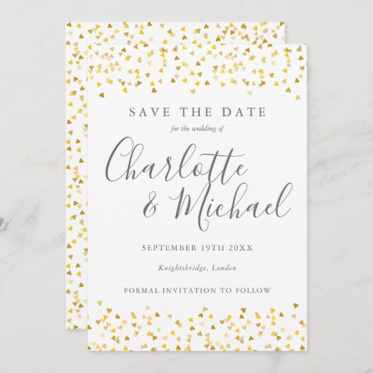 Elegant Gold Hearts Confetti Signature Script Save The Date (Voorkant / Achterkant)