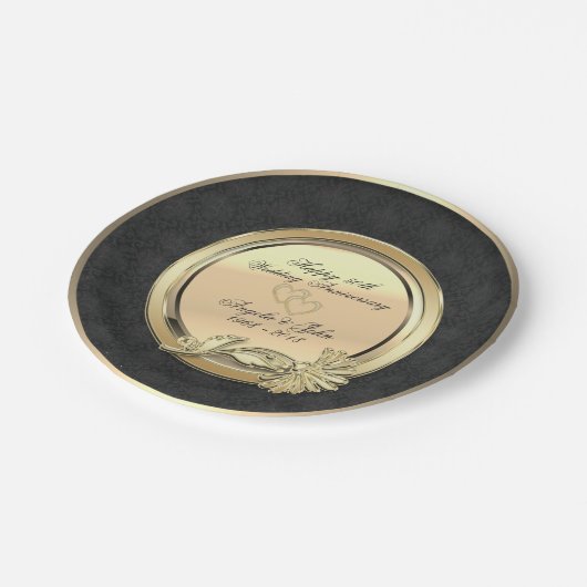 Elegant Gold Hearts Damask 50e bruiloft Anniversar Papieren Bordje (Gekanteld)