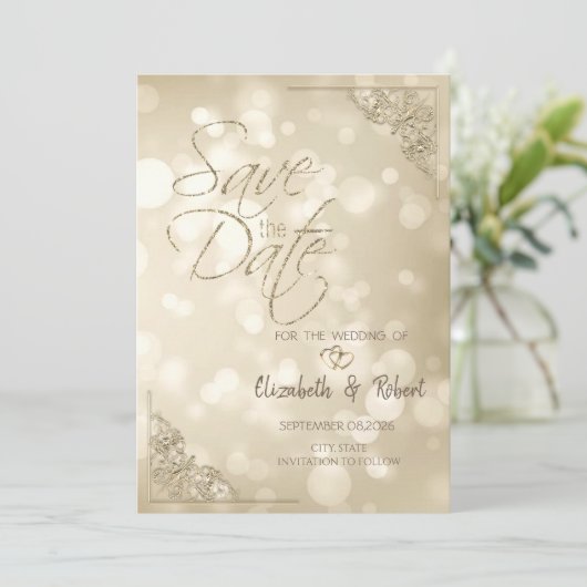 Elegant Gold Hearts Frame Bokeh Save The Date (Staand voorkant)