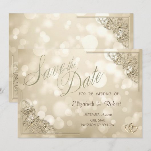 Elegant Gold Hearts Frame Bokeh Save The Date (Voorkant / Achterkant)