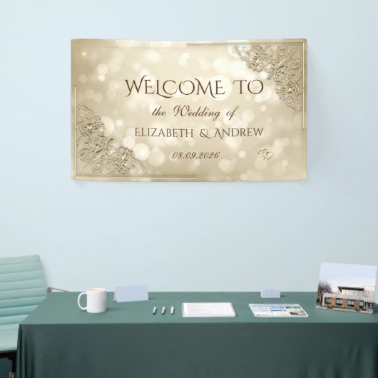 Elegant Gold Hearts Frame Bokeh  Spandoek (Beurs)