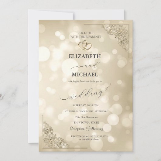 Elegant Gold Hearts Frame Bokeh Wedding Kaart (Voorkant)