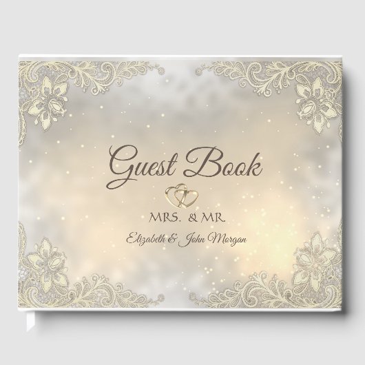 Elegant Gold Hearts Lace Wedding Guest Book Gastenboek (Voorkant)