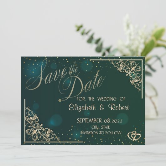 Elegant Gold Hearts Lijst Green Save the Date (Staand voorkant)