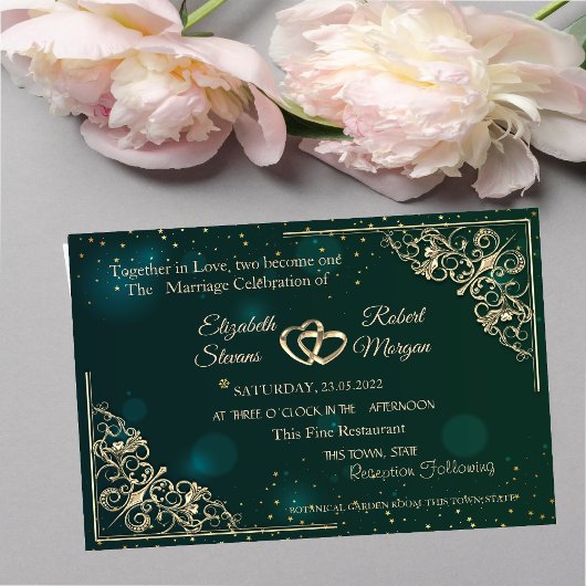 Elegant Gold Hearts Lijst Green Wedding Kaart