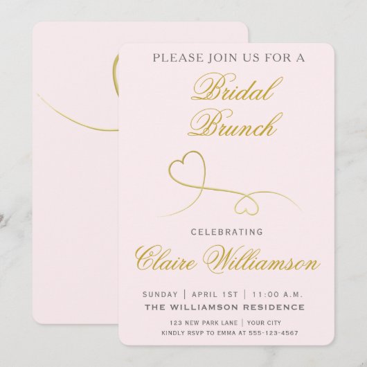 Elegant Gold Hearts Pink Bridal Brunch Uitnodiging (Voorkant / Achterkant)