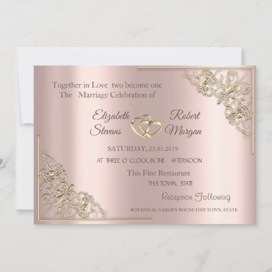 Elegant Gold Hearts Roos Gold Wedding Kaart (Voorkant)