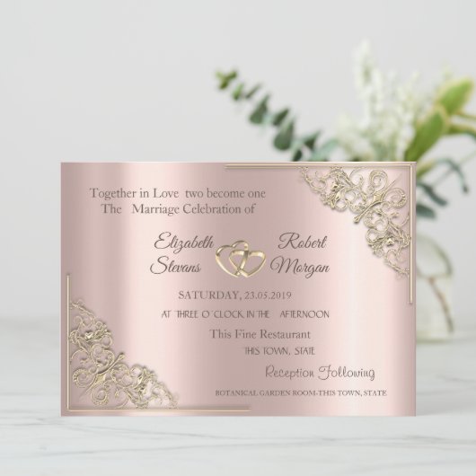 Elegant Gold Hearts Roos Gold Wedding Kaart (Staand voorkant)