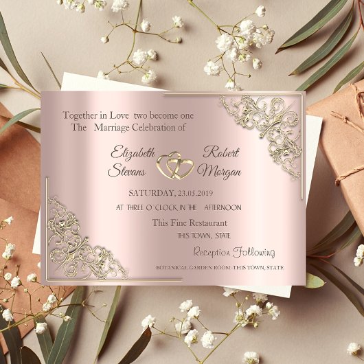 Elegant Gold Hearts Roos Gold Wedding Kaart