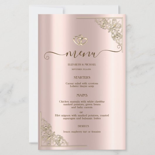 Elegant Gold Hearts Rose Gold Wedding Menu Card (Voorkant)