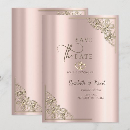 Elegant Gold Hearts Rose Gold Wedding Save The Date (Voorkant / Achterkant)