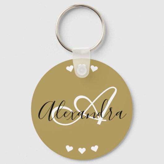 Elegant Gold Hearts Script Monogram Naam Sleutelhanger (Voorkant)