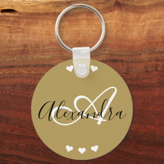Elegant Gold Hearts Script Monogram Naam Sleutelhanger (Voorkant)