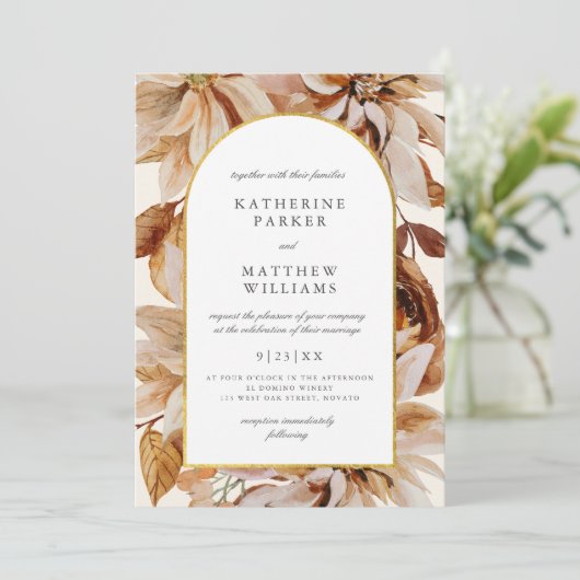Elegant Gold Herfst Waterverf Floral Wedding Kaart (Staand voorkant)