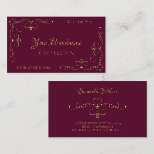 Elegant Gold  hoeders Burgundy Ornamental Visitekaartje (Voorkant / Achterkant)