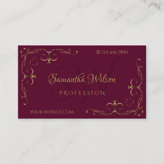 Elegant Gold  hoeken met Initialen Burgundy Visitekaartje (Voorkant)