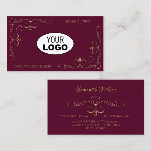 Elegant Gold hoeken met Logo Burgundy Visitekaartje (Voorkant / Achterkant)