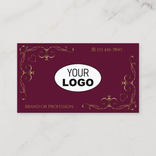 Elegant Gold  hoeken met Logo Burgundy Visitekaartje (Voorkant)