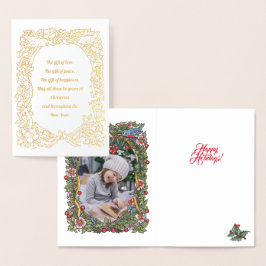 Elegant Gold Holiday Bird Wreatfoto Kerstmis Folie Kaarten