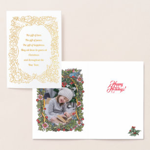 Elegant Gold Holiday Bird Wreatfoto Kerstmis Folie Kaarten