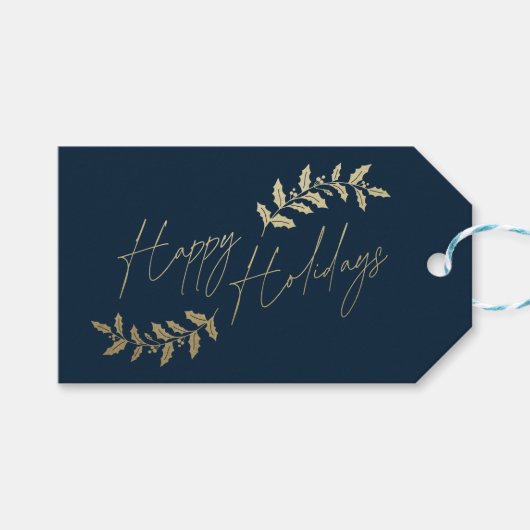 Elegant Gold Holly Branches kerstfeestdag Cadeaulabel (Voorkant (Horizontaal))