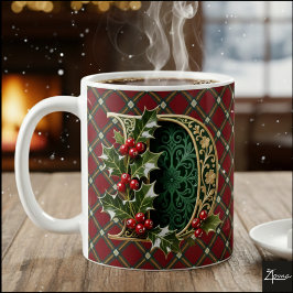 Elegant Gold Holly Christmas Initial Letter D Koffiemok