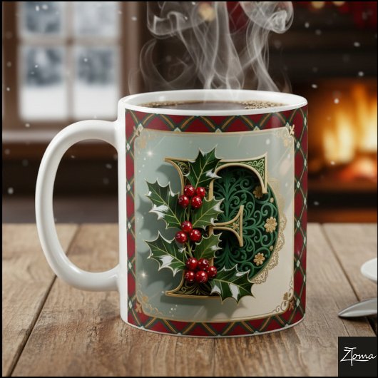 Elegant Gold Holly Christmas Initial Letter F Koffiemok