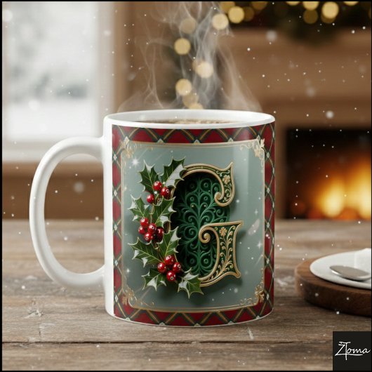 Elegant Gold Holly Christmas Initial Letter G Koffiemok
