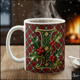 Elegant Gold Holly Christmas Initial Letter I Koffiemok